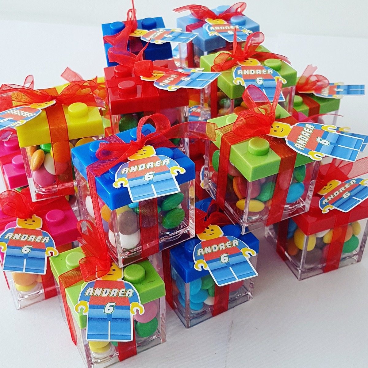 Sacchetto regalino Fine Festa Lego con Smarties o caramelle  personalizzabili in base al tema dell'evento