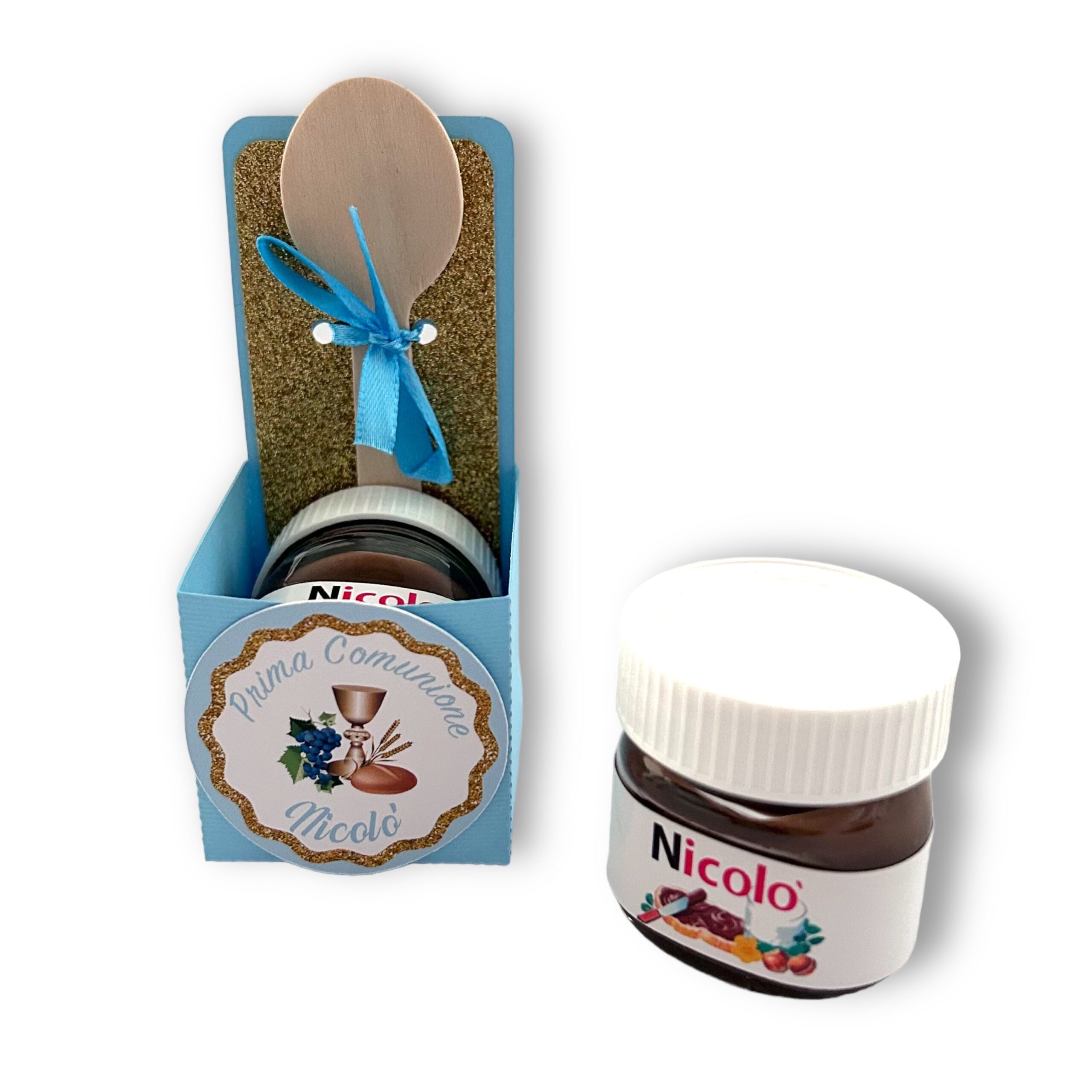 Box Nutella cucchiaino Prima Comunione Azzurro e Oro